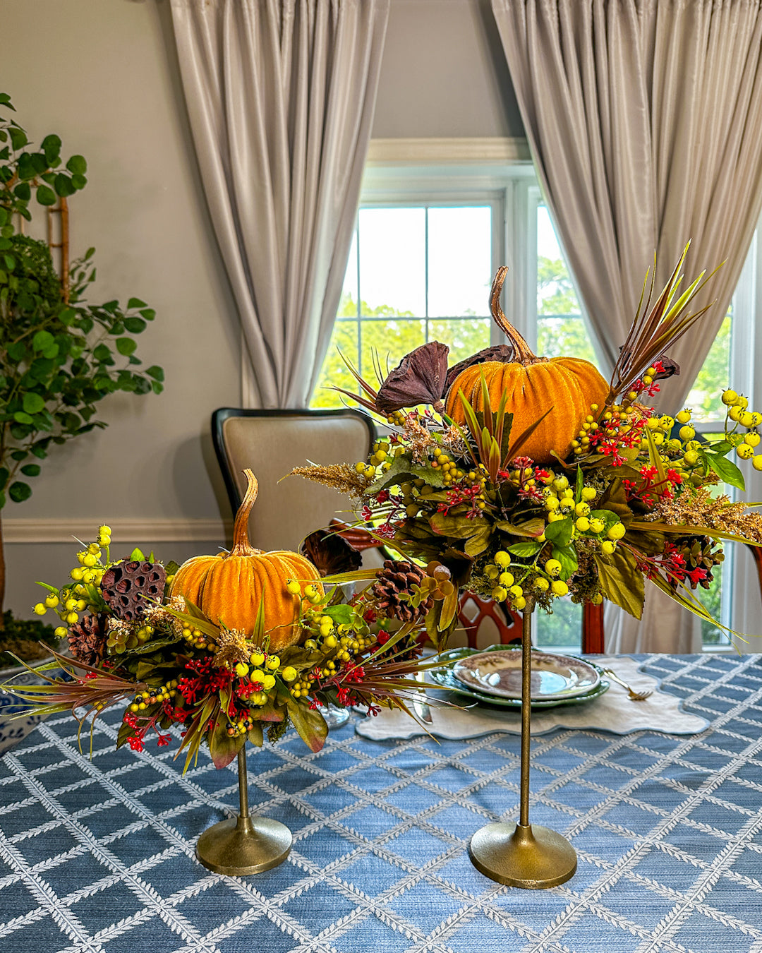 Elegant Pumpkin On Floral Candlestick