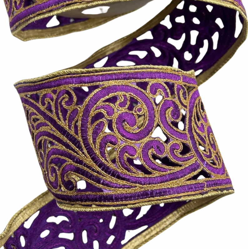 3.5" Purple & Gold Metallic Scroll Ribbon