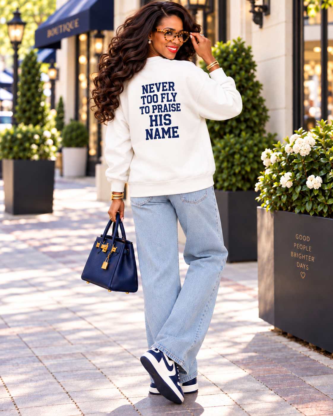 Never Too Fly to Praise His Name™ | Front + Back Faith Tee & Sweatshirt