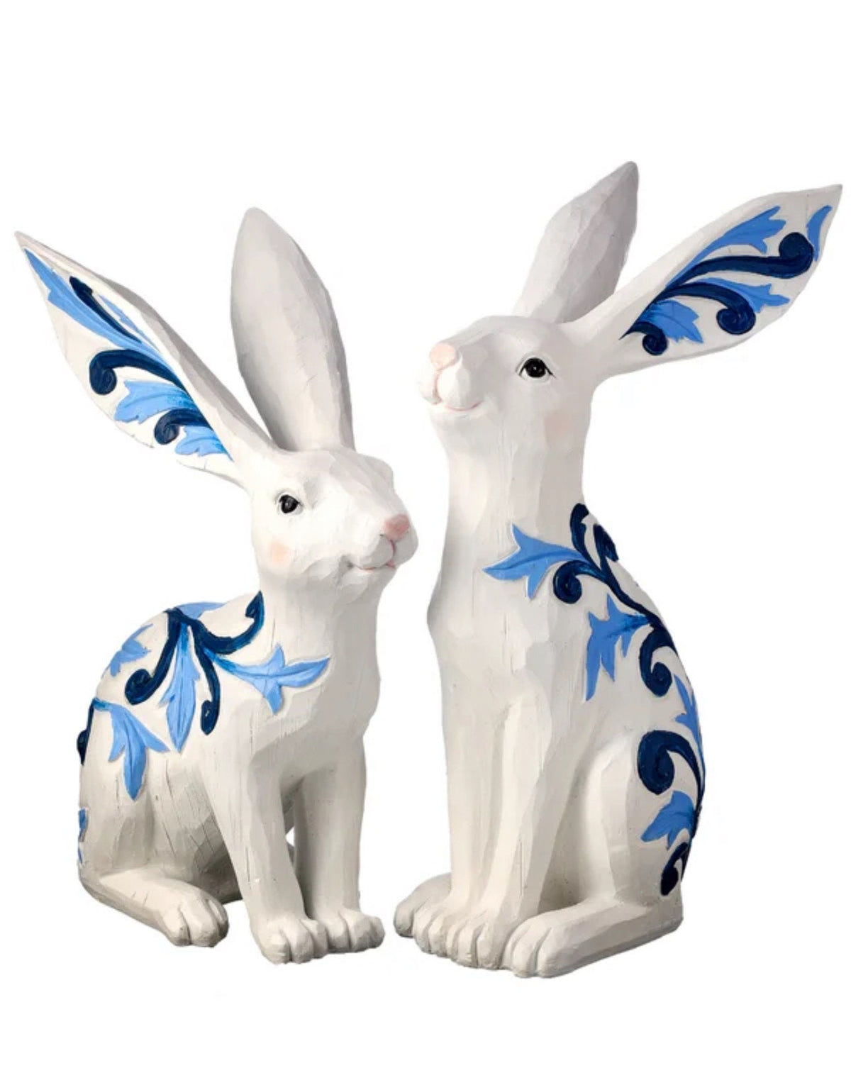 Resin Outdoor/Indoor Blue and White Scroll Bunny Set