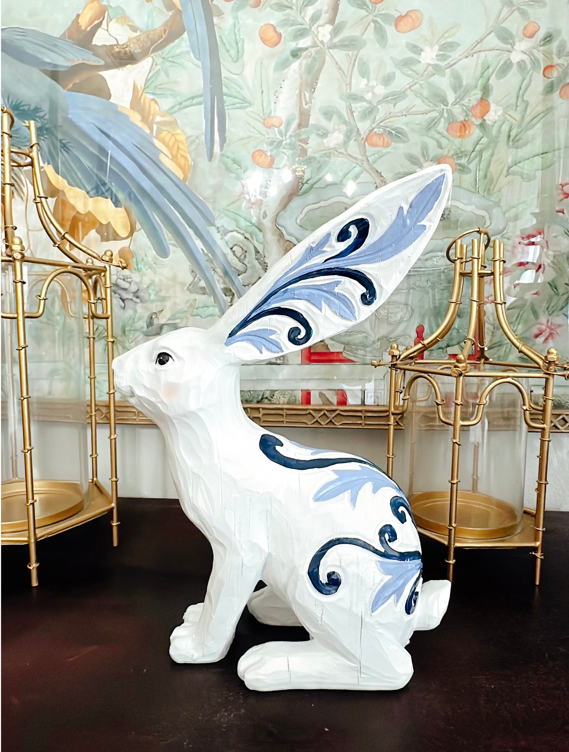 Resin Outdoor/Indoor Blue and White Scroll Bunny Set