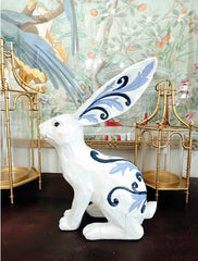 Resin Outdoor/Indoor Blue and White Scroll Bunny Set